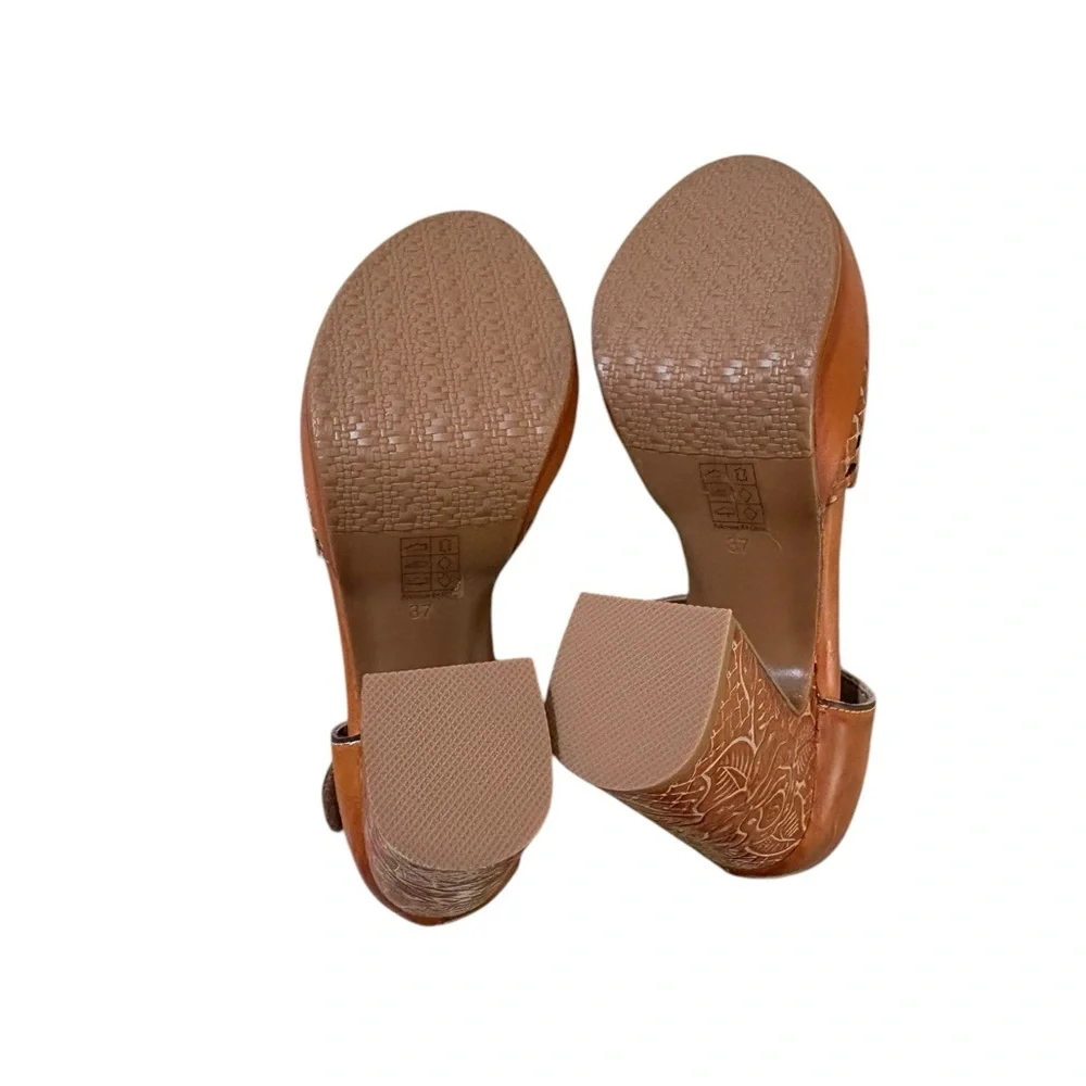 Spring Step Cognac Leather Platform Sandals with Carved Block Heel